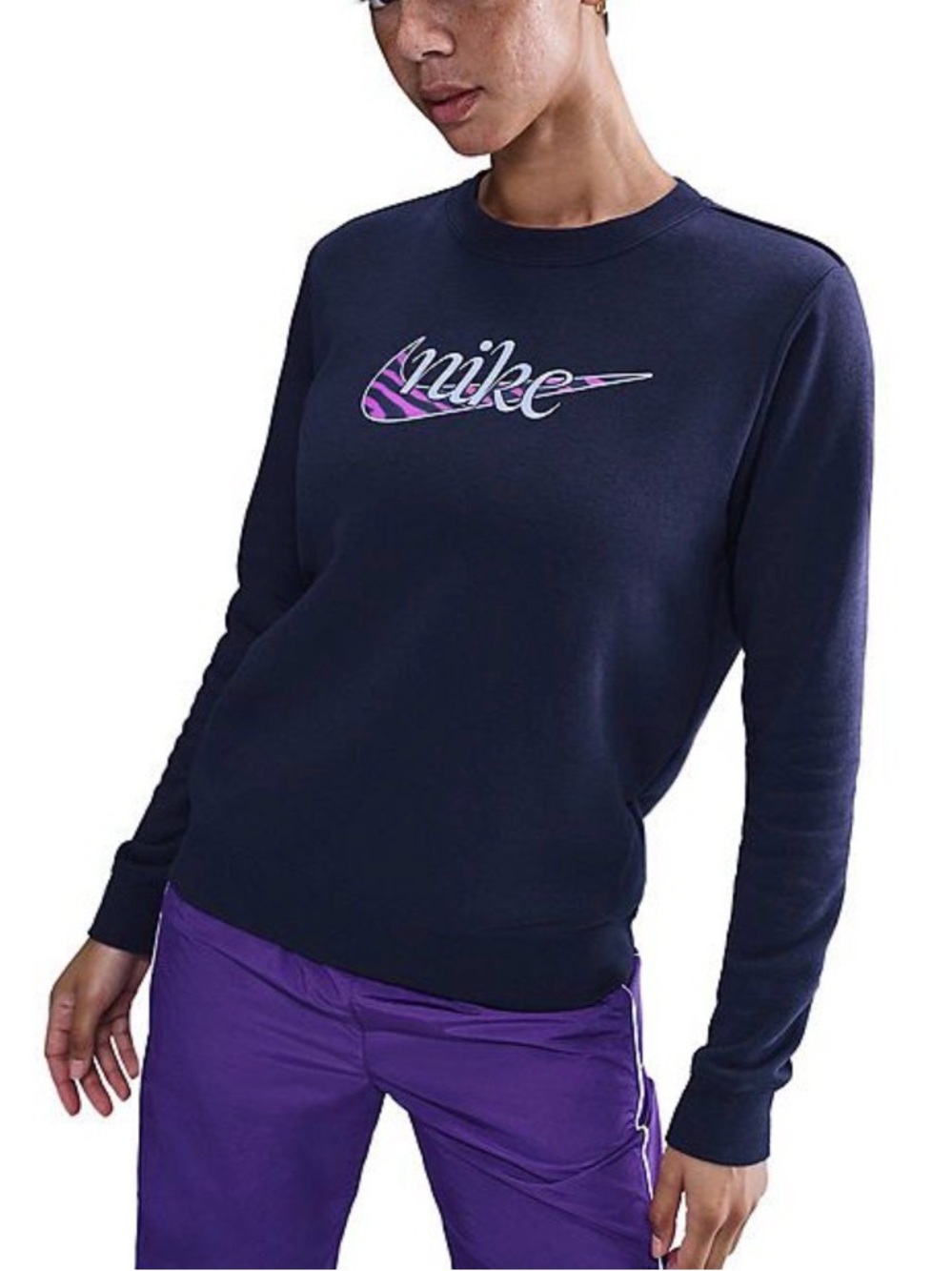 Nike Juniors Navy Crewneck Sweatshirt with Purple Logo